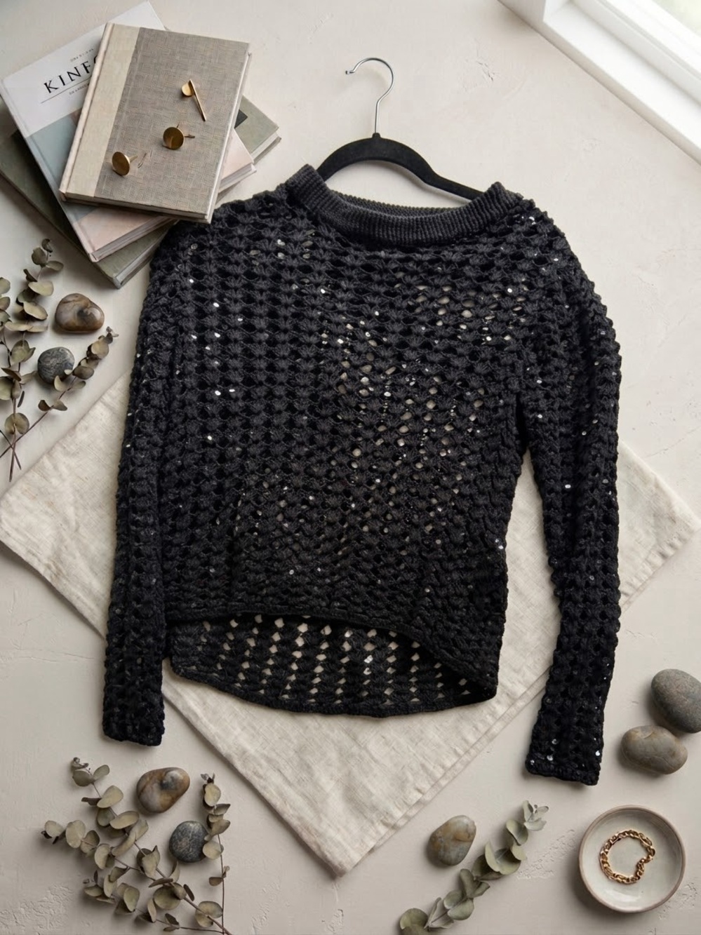 AllSaints Black Open-Knit Crewneck Sweater
